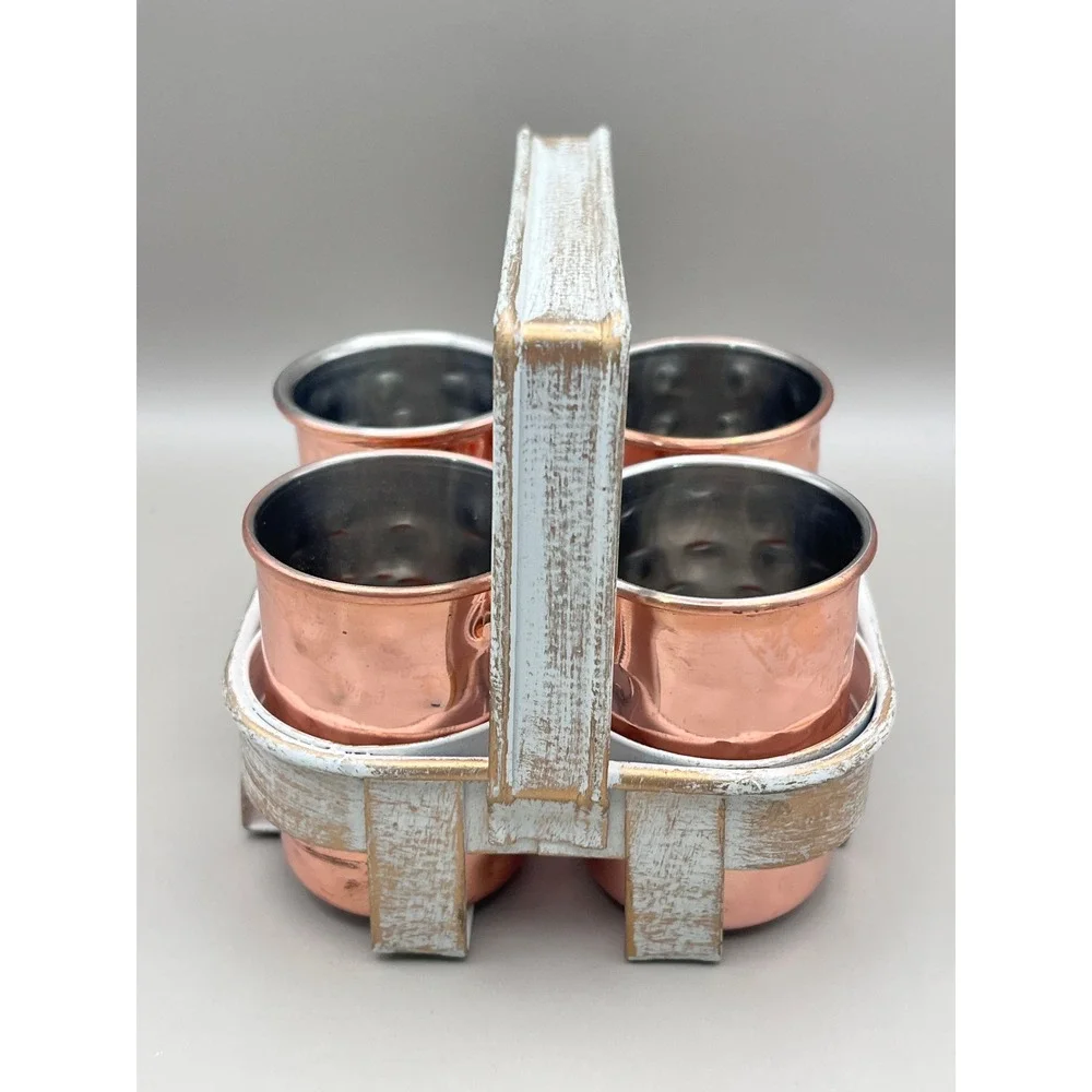 Hammered Copper Shot Glass Set of 4 with Distressed White‎ Metal Caddy Barware